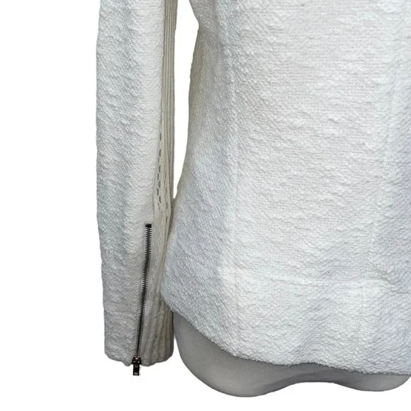 IRO Hurley White Leather Trim Textured Knit Zip Jacket FR38 Pockets Embroidered - Picture 10 of 12